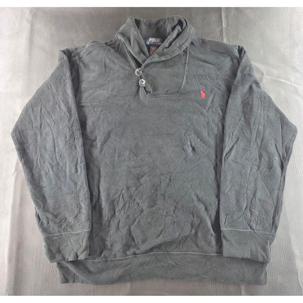 Polo Ralph Lauren Boys XL 18-20 Black Shawl Collar Button Sweatshirt Red Pony